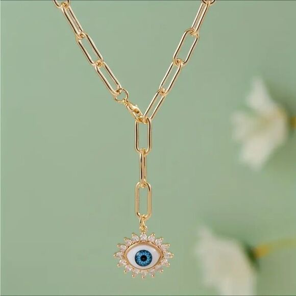 Vintage Inspired Gold Evil Eye Paperclip Rhinestone Chain Necklace - Picture 3 of 5